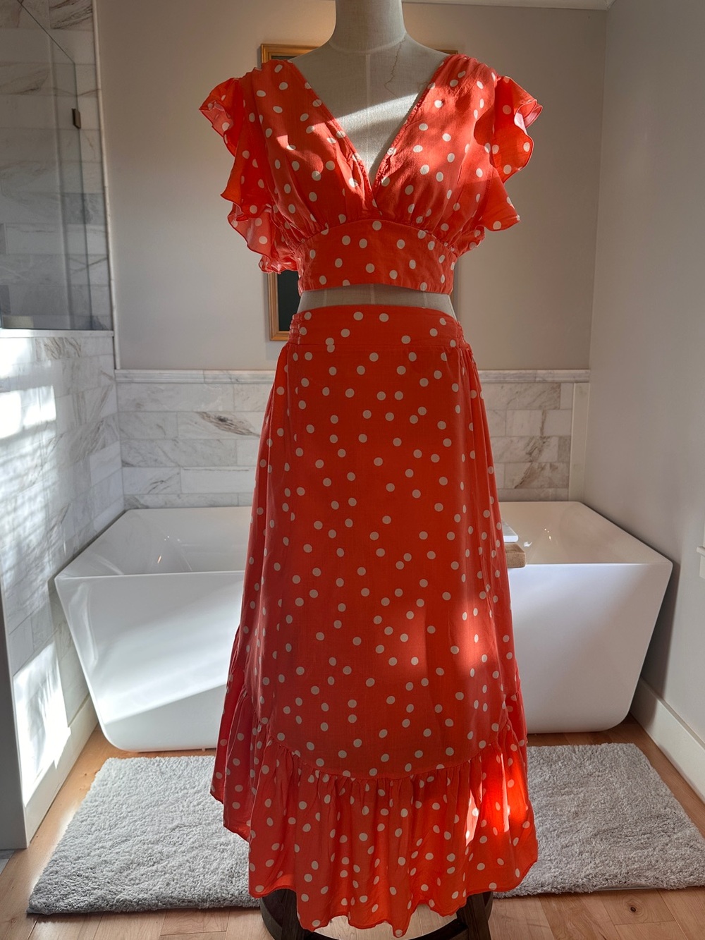Mister Zimi Coral Polka Dot Ruffle Maxi Skirt Set